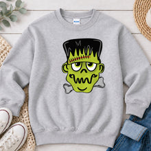 Load image into Gallery viewer, Frankenstein Face Halloween design on Ash Grey crewneck sweatshirt