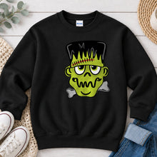 Load image into Gallery viewer, Frankenstein Face Halloween design on Black crewneck sweatshirt