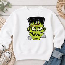 Load image into Gallery viewer, Frankenstein Face Halloween design on White crewneck sweatshirt