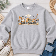 Load image into Gallery viewer, Ghost Construction Trucks Halloween design on Ash Grey crewneck sweatshirt
