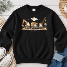 Load image into Gallery viewer, Ghost Construction Trucks Halloween design on Black crewneck sweatshirt