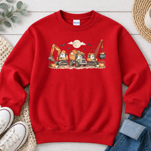 Load image into Gallery viewer, Ghost Construction Trucks Halloween design on Red crewneck sweatshirt