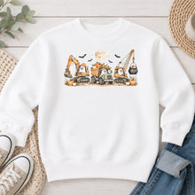 Load image into Gallery viewer, Ghost Construction Trucks Halloween design on White crewneck sweatshirt