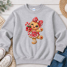 Load image into Gallery viewer, Gingerbread Girl Bow Christmas design on Ash Grey crewneck sweatshirt