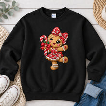 Load image into Gallery viewer, Gingerbread Girl Bow Christmas design on Black crewneck sweatshirt