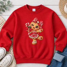 Load image into Gallery viewer, Gingerbread Girl Bow Christmas design on Red crewneck sweatshirt