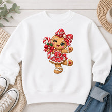 Load image into Gallery viewer, Gingerbread Girl Bow Christmas design on White crewneck sweatshirt