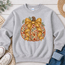Load image into Gallery viewer, Gold Floral Pumpkin Bow Fall design on Ash Grey crewneck sweatshirt