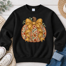 Load image into Gallery viewer, Gold Floral Pumpkin Bow Fall design on Black crewneck sweatshirt