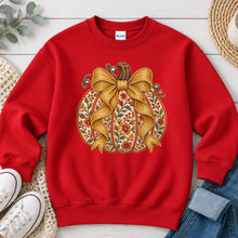Load image into Gallery viewer, Gold Floral Pumpkin Bow Fall design on Red crewneck sweatshirt