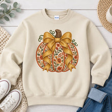 Load image into Gallery viewer, Gold Floral Pumpkin Bow Fall design on Sand crewneck sweatshirt