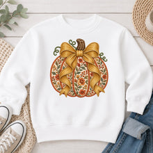 Load image into Gallery viewer, Gold Floral Pumpkin Bow Fall design on White crewneck sweatshirt