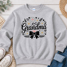 Load image into Gallery viewer, Grandma Daisy Bow Mom & Family design on Ash Grey crewneck sweatshirt