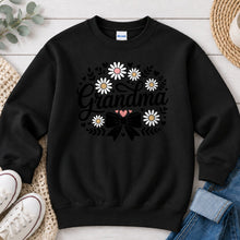 Load image into Gallery viewer, Grandma Daisy Bow Mom & Family design on Black crewneck sweatshirt