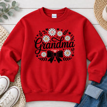 Load image into Gallery viewer, Grandma Daisy Bow Mom & Family design on Red crewneck sweatshirt