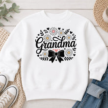 Load image into Gallery viewer, Grandma Daisy Bow Mom & Family design on White crewneck sweatshirt
