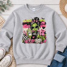 Load image into Gallery viewer, Green Witch Mama Coffee Halloween design on Ash Grey crewneck sweatshirt