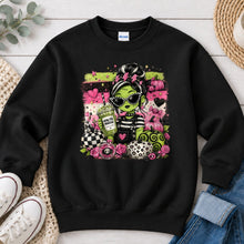 Load image into Gallery viewer, Green Witch Mama Coffee Halloween design on Black crewneck sweatshirt