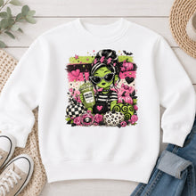 Load image into Gallery viewer, Green Witch Mama Coffee Large Halloween design on White crewneck sweatshirt