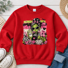 Load image into Gallery viewer, Green Witch Mama Coffee Halloween design on Red crewneck sweatshirt