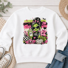 Load image into Gallery viewer, Green Witch Mama Coffee Halloween design on White crewneck sweatshirt