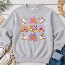 Load image into Gallery viewer, Groovy Flower Ghosts Pattern Halloween design on Ash Grey crewneck sweatshirt