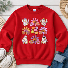 Load image into Gallery viewer, Groovy Flower Ghosts Pattern Halloween design on Red crewneck sweatshirt