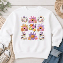 Load image into Gallery viewer, Groovy Flower Ghosts Pattern Halloween design on White crewneck sweatshirt