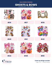 Load image into Gallery viewer, Halloween design chart page 1 - Ghosts and Bows - numbered kids shirt designs to choose from
