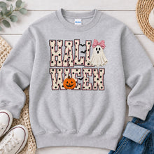 Load image into Gallery viewer, Halloween Polka Dot Ghost Letters Halloween design on Ash Grey crewneck sweatshirt