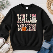 Load image into Gallery viewer, Halloween Polka Dot Ghost Letters Halloween design on Black crewneck sweatshirt