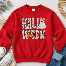 Load image into Gallery viewer, Halloween Polka Dot Ghost Letters Halloween design on Red crewneck sweatshirt