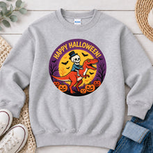 Load image into Gallery viewer, Happy Halloween Skeleton Dino Halloween design on Ash Grey crewneck sweatshirt