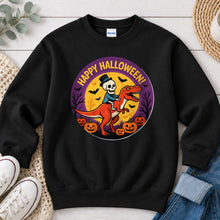 Load image into Gallery viewer, Happy Halloween Skeleton Dino Halloween design on Black crewneck sweatshirt