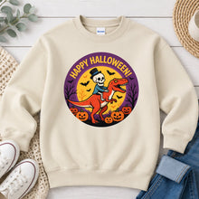 Load image into Gallery viewer, Happy Halloween Skeleton Dino Halloween design on Sand crewneck sweatshirt