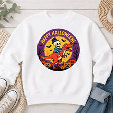Load image into Gallery viewer, Happy Halloween Skeleton Dino Halloween design on White crewneck sweatshirt