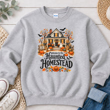 Load image into Gallery viewer, Haunted Homestead Farmhouse Halloween design on Ash Grey crewneck sweatshirt