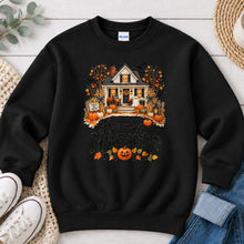 Load image into Gallery viewer, Haunted Homestead Farmhouse Halloween design on Black crewneck sweatshirt