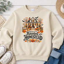 Load image into Gallery viewer, Haunted Homestead Farmhouse Halloween design on Sand crewneck sweatshirt