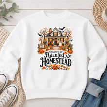 Load image into Gallery viewer, Haunted Homestead Farmhouse Halloween design on White crewneck sweatshirt