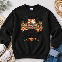 Load image into Gallery viewer, Haunted Homestead Truck Halloween design on Black crewneck sweatshirt
