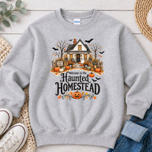 Load image into Gallery viewer, Haunted Homestead White House Halloween design on Ash Grey crewneck sweatshirt