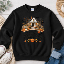 Load image into Gallery viewer, Haunted Homestead White House Halloween design on Black crewneck sweatshirt