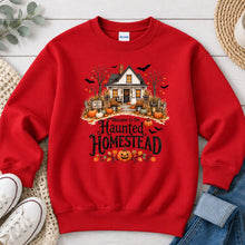 Load image into Gallery viewer, Haunted Homestead White House Halloween design on Red crewneck sweatshirt