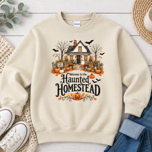 Load image into Gallery viewer, Haunted Homestead White House Halloween design on Sand crewneck sweatshirt