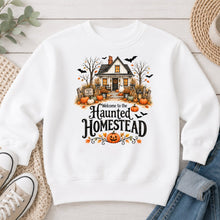 Load image into Gallery viewer, Haunted Homestead White House Halloween design on White crewneck sweatshirt