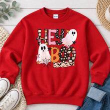 Load image into Gallery viewer, Hey Boo Ghosts Halloween design on Red crewneck sweatshirt