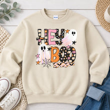 Load image into Gallery viewer, Hey Boo Ghosts Halloween design on Sand crewneck sweatshirt