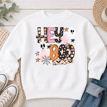 Load image into Gallery viewer, Hey Boo Ghosts Halloween design on White crewneck sweatshirt