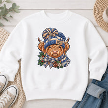Load image into Gallery viewer, Highland Cow Winter Knitwear Winter design on White crewneck sweatshirt